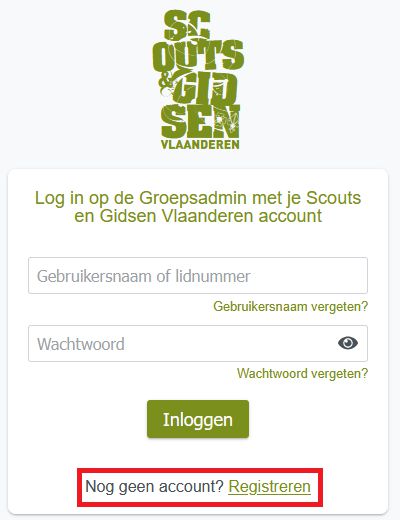Login scherm van de Groepsadmin met de link Registreren gemarkeerd